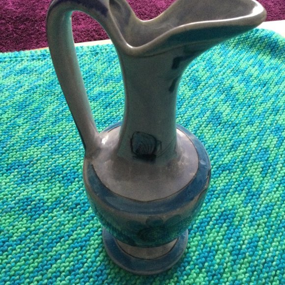 Beautiful handled ceramic vase water pitcher birds butterflies hand painted blue - Picture 3 of 10